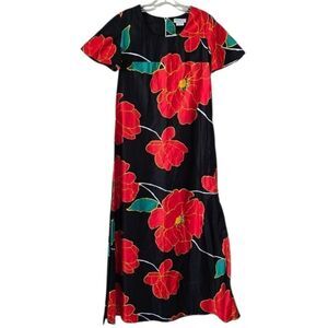 VTG made‎ Hawaii Maxi DRESS Size 10 Black Red HOOKANO Muumuu Floral Print 60s
